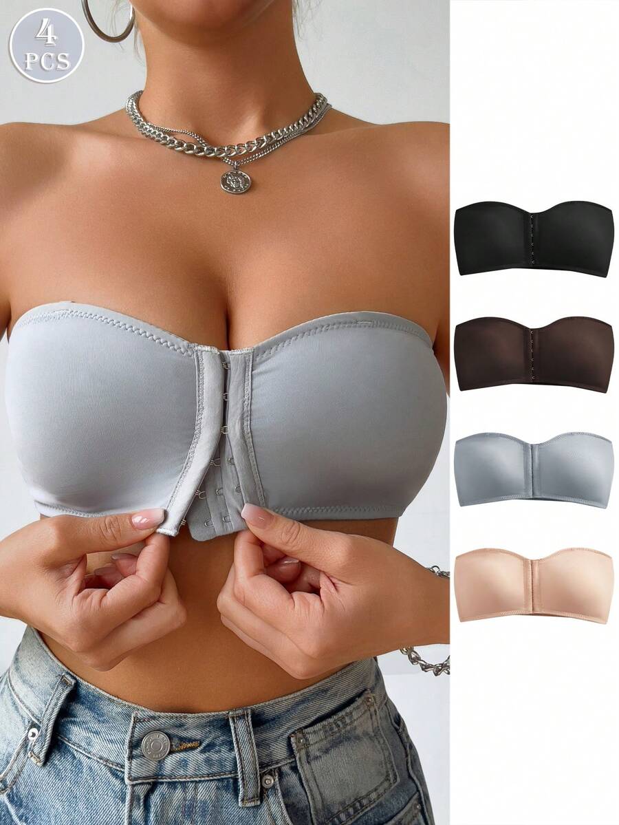 4PCS Women's's Comfortable Multicolour Front Closure Casual Ventilate Strapless Wireless Sexy Soft Lightweight Solid Bralette Lingerie Underwear No Padding Bra - Multicolor - View 1