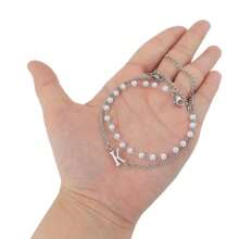 2Pcs Simple Initial Letter Necklace Pendant & Bracelet Set For Women, Silver Stainless Steel Faux Pearl Bead Chain, Minimalist Fashion Jewelry Gift