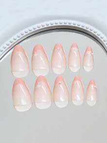 30 件/套短杏仁法式柔和奶油粉色珍珠星爆蝴蝶结简易按压指甲可拆卸全覆盖假指甲贴片按压指甲艺术用品适合办公室女士、派对。约会和日常佩戴全覆盖假指甲贴片 + 1 果冻凝胶 + 1 个指甲锉装饰您的指甲提升您的时尚品味指甲。