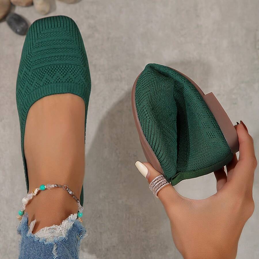 Women'S Black Woven Fabric Slip-On Flats - Casual Square Toe Shoes For Indoor & Outdoor Wear, All-Season Comfort With Rubber Sole, Breathable & Stylish Design - 墨綠色 - 查看 1