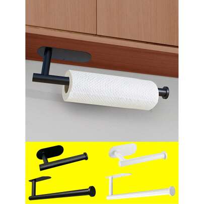1pc Black Paper Towel Holder, Adhesive Backed Wall Mount, Easy Installation, Suitable For Kitchen, Under Cabinet, Bathroom, Pantry, Sink, Balcony, Restroom, Also For Cling Wrap/Foil Storage
