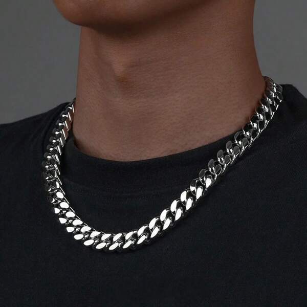 Collar de cadena tipo curb de acero inoxidable estilo europeo y americano, bohemio y hip-hop, resistente a la decoloración, para hombres