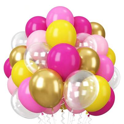 56pcs/Pack Yellow, Pink, Rose Gold, Metallic Pink, Gold Balloons With Transparent Balloons, 10 Inch Yellow, Pink, Gold Latex Balloons, Suitable For Girl Birthday Party Decoration, Princess Theme Party Supplies