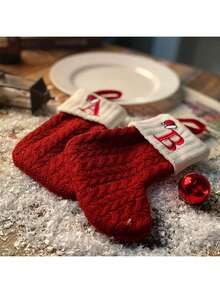 1pc Embroidered Letter Knitted Christmas Stocking Candy Gift Bag, Red,Christmas - Red - View 4