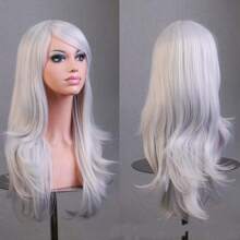 鲜艳的红色长波浪假发带刘海 - 耐热合成假发，适合动漫和万圣节派对，可调节尺寸，完美贴合，假发配件