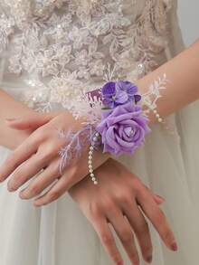 2pcs Elegant Purple Rose With Purple Hydrangea Faux Flower, Romantic Mori Style Boutonniere And Wrist Corsage, Suitable For Groom, Bride, Groomsmen, Bridesmaids, Parents, Wedding Decor, Engagement, Prom, Anniversary Valentine's Day Accessories - Multicolor - View 3