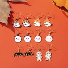1 par/6 pares de pendientes novedosos y de moda con diseños de gato, murciélago, momia y escoba de bruja para mujeres, regalos de fiesta de Halloween para amigos