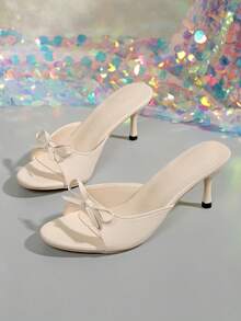 Beige Summer New Open Toe Bowknot Decor High Heel Sandals, Minimalist Fine High Heel Sandals Suitable For Women To Pair With Dresses, Valentine's Day