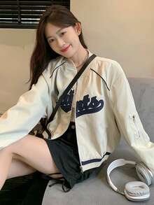 Jaket Varsity Wanita Bergaya Vintage dengan Bordir, Hiasan Huruf Warna Kontras, dan Resleting, Desain Baru, Jaket Lengan Panjang Longgar Pendek untuk Musim Semi. - Aprikot - View 4