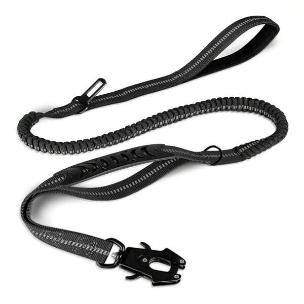 Guia tática para cães, resistente, de 1,2 a 1,8 m, com absorção de impacto, elástica, com 2 alças acolchoadas, mosquetão de metal, cinto de segurança para carro, guia resistente sem puxar para cães de médio a grande porte, preta
