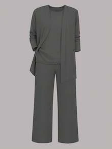 三件套加大码女式休闲纯色套装：外套/开衫 + 圆领无袖上衣 + 松紧腰直筒裤，柔软弹力面料，宽松版型，舒适通勤，春/秋/冬/夏皆宜，优雅百搭。 - 深灰色 - 查看 5