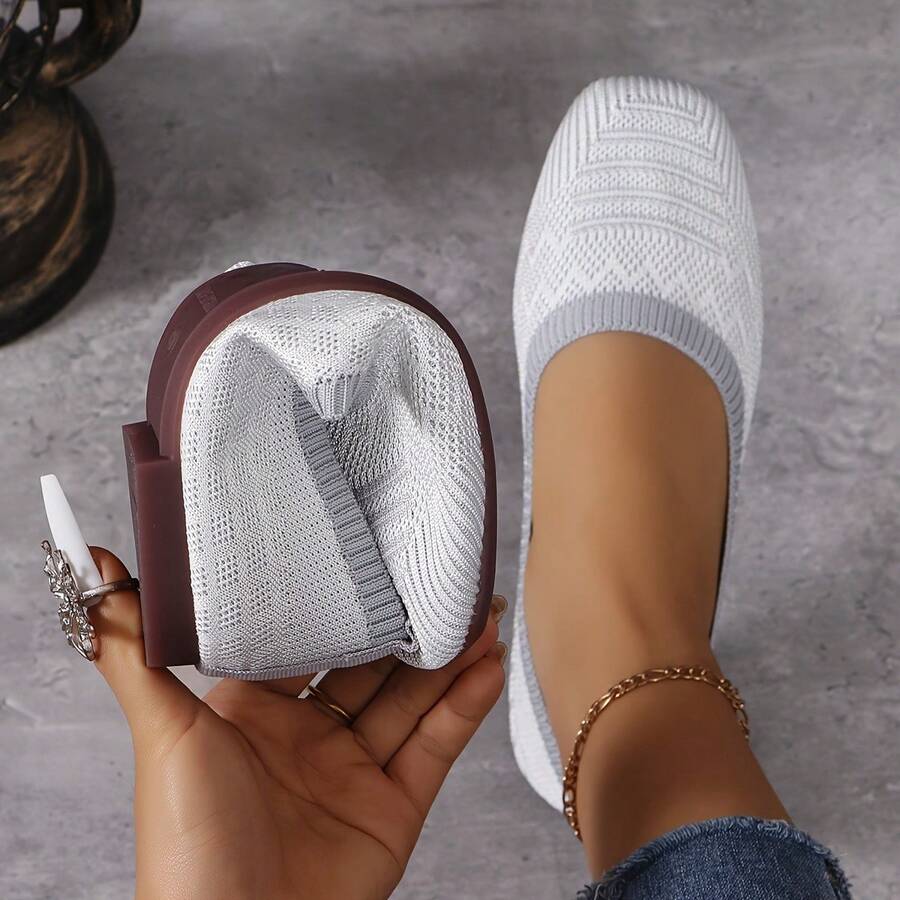 Women'S Black Woven Fabric Slip-On Flats - Casual Square Toe Shoes For Indoor & Outdoor Wear, All-Season Comfort With Rubber Sole, Breathable & Stylish Design - 銀灰色 - 查看 1