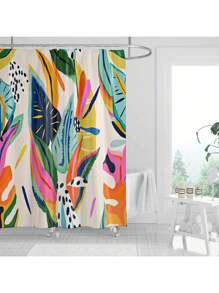 1pc [Vibrant Shower Curtain] Tropical Leaf Print Non-Light-Blocking Shower Curtain | Colorful Retro Design With Hooks, Machine Washable Polyester | Yellow Blue Pink Green Pattern For Bathroom Decor, Shower Curtain For Bathrooms ﻿
