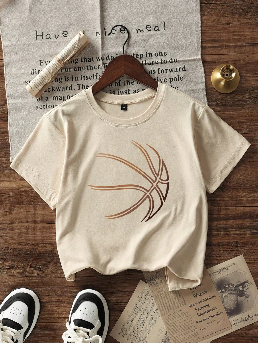 1 件 Tween Boy 休闲印花圆领短袖 T 恤，夏季青少年服装 - 杏色 - 查看 1