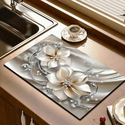1pc 3D Floral Absorbent Kitchen Mat - Soft Non-Slip Quick Drying Silicone Mat, Suitable For Countertops, Coffee Makers And Dishwashers, White And Gray Floral Design, Polyester Fiber Cover, Essential Home Kitchen Accessory, Kitchen Countertop Mat | 3D Floral Design | Quick Dry Material