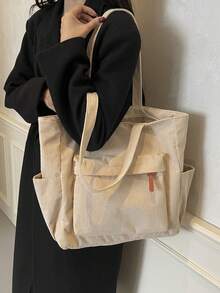 Modna, jednokolorowa torba typu tote z wieloma kieszeniami dla kobiet, duża pojemność, swobodna torba na ramię na wakacje na świeżym powietrzu, lekka i uniwersalna torba na zakupy, prosta, codzienna torba typu crossbody do dojazdów do pracy i szkoły - Beżowy - Zobacz 8