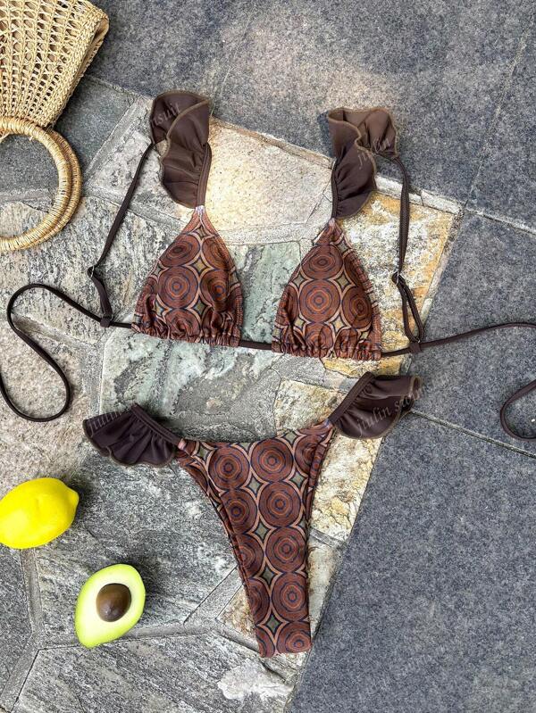 2pcs/Set New Fashion Women Swimsuit Bikini, Backless, Printed Floral, Metal Accessory Decor,