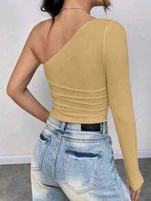 Women's Cropped Top T-Shirt Blouse With One-Shoulder Neckline Suplex Fabric Ideal For Going Out On Casual Romantic Elegant And Sophisticated Dates - 米色 - 查看 2