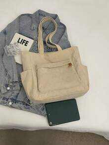 Modna, jednokolorowa torba typu tote z wieloma kieszeniami dla kobiet, duża pojemność, swobodna torba na ramię na wakacje na świeżym powietrzu, lekka i uniwersalna torba na zakupy, prosta, codzienna torba typu crossbody do dojazdów do pracy i szkoły - Beżowy - Zobacz 9