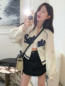 Jaket Varsity Wanita Bergaya Vintage dengan Bordir, Hiasan Huruf Warna Kontras, dan Resleting, Desain Baru, Jaket Lengan Panjang Longgar Pendek untuk Musim Semi. - Aprikot - View 7
