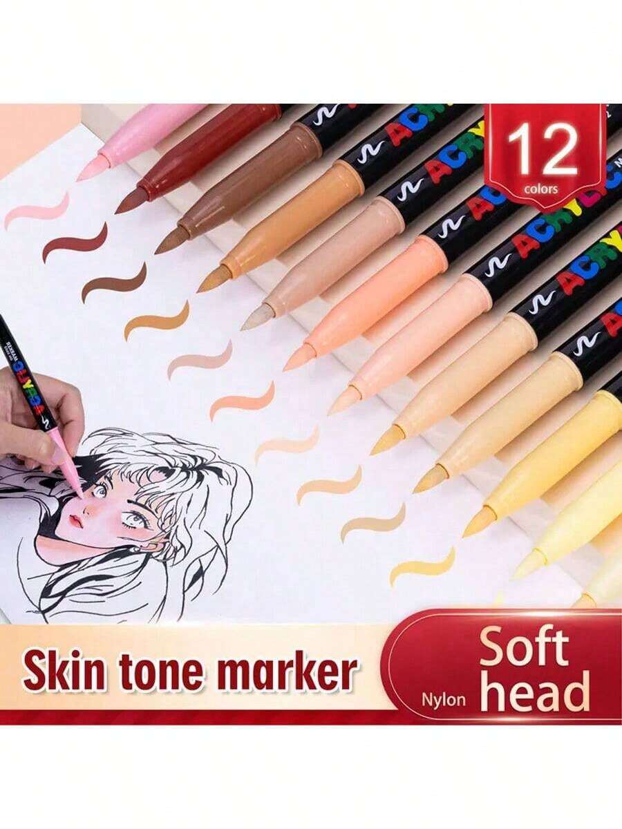 12種膚色軟筆芯壓克力彩繪筆套裝，適用於素描肖像漫畫插畫素描藝術用品 - 彩色 - 查看 1
