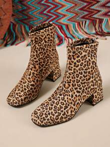 1 Pair Plus Size 36-43 Leopard Print Faux Fur Patchwork Chunky Heel Ankle Boots, Fashionable Party Wear, Outdoor Suitable For Autumn/Winter