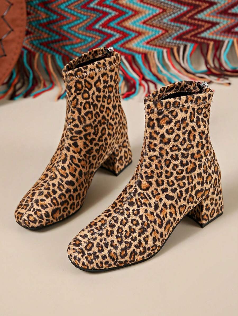 1 Pair Plus Size 36-43 Leopard Print Faux Fur Patchwork Chunky Heel Ankle Boots, Fashionable Party Wear, Outdoor Suitable For Autumn/Winter