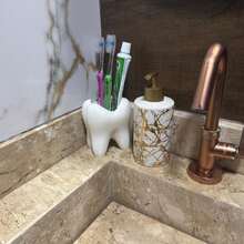 Tooth Shaped Toothbrush And Toothpaste Holder Fun Decoration 3 Compartments - White - View 5