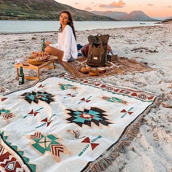 Couverture de pique-nique/camping portable épaissie, serviette de plage, jeté de canapé, tapis de tente, imperméable, lavable, chaude, couverture décorative multifonctionnelle de style bohème, nappe, tenture murale