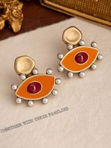 一对复古珍珠和珐琅吊坠耳环，复古独特小耳环 - 綠寶石 - 查看 7