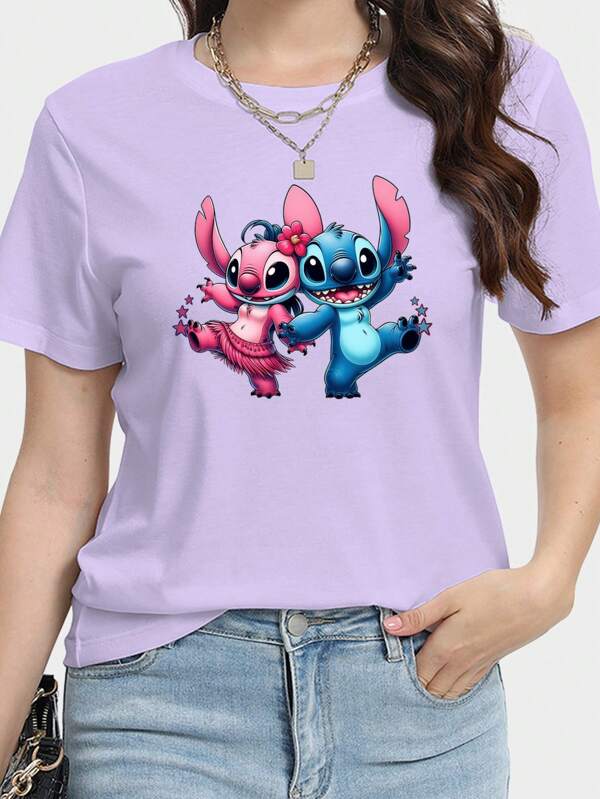 Disney Disney New Stitch Print Casual Loose Fit Short Sleeve T-Shirt, Cartoon Print Comfortable Leisure Home Wear, Versatile