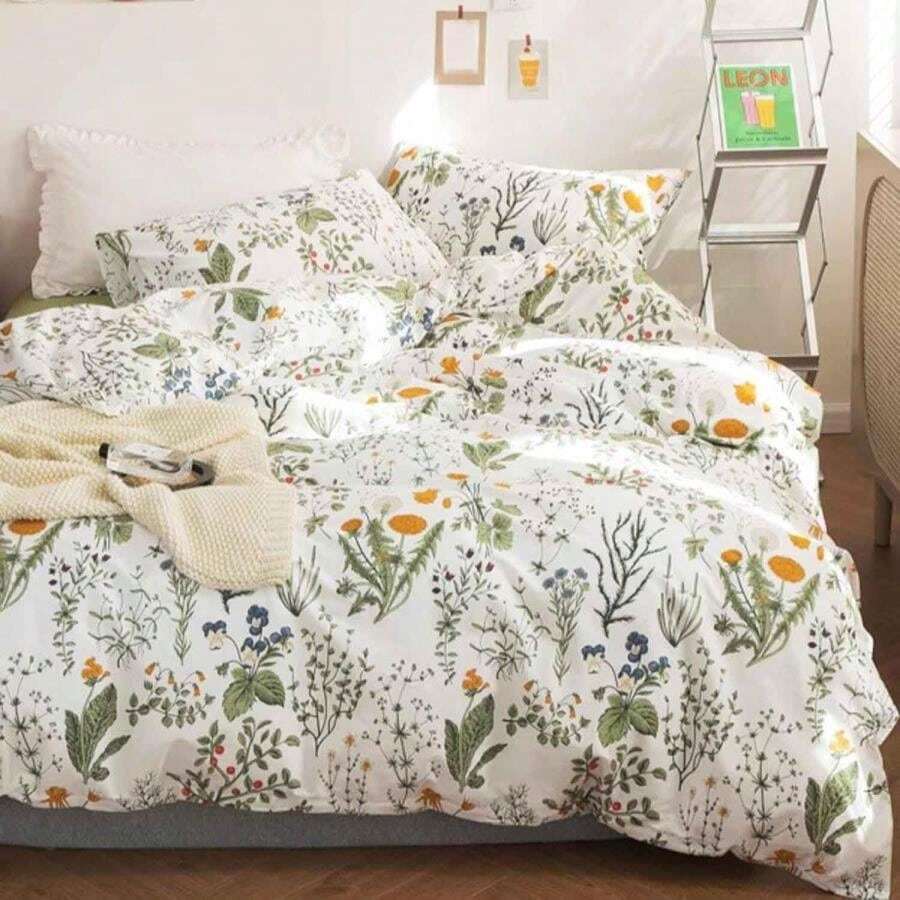 Floral Duvet Cover King Size - Blue Green Yellow White Flower Leaf Botanical Pattern Soft Microfiber Comforter Quilt Cover Set - 3PC 104 X 90 Lightweight Bedding, Farmhouse Style Bedroom For Women Men - Hoa Xanh Lục (Chỉ Bìa) - Xem 1