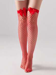 这款女士红色蝴蝶结渔网过膝长袜适合圣诞节、派对、约会等各种场合，舒适保暖。 - 紅色 - 查看 1