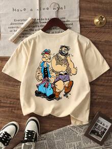 Popeye 1pc Boys Casual Printed Round Neck Short Sleeve T-Shirt, Summer Student Young Children Wear - An Eye-Catching T-Shirt That Brings Joy And Happiness To Every Child! - Apricot - View 2