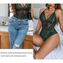 Lingerie Women Snap Crotch Teddy Bodysuit Contrast Lace Babydoll - Green - View 5