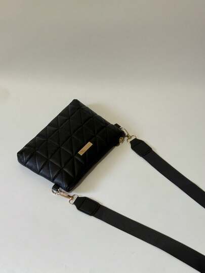 女士时尚绗缝菱形图案斜挎包，黑白简约日常单肩包，配有可拆卸肩带，金色金属装饰