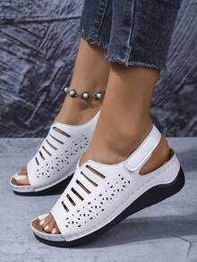 Women's Double-Breasted Embroidered Platform Slippers, Lightweight Thick Sole, Soft Solid Color, Beach Party - White - View 6