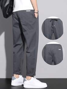 Men's Solid Color Drawstring Waist Casual Tapered Cropped Pants - Dark Grey - View 2