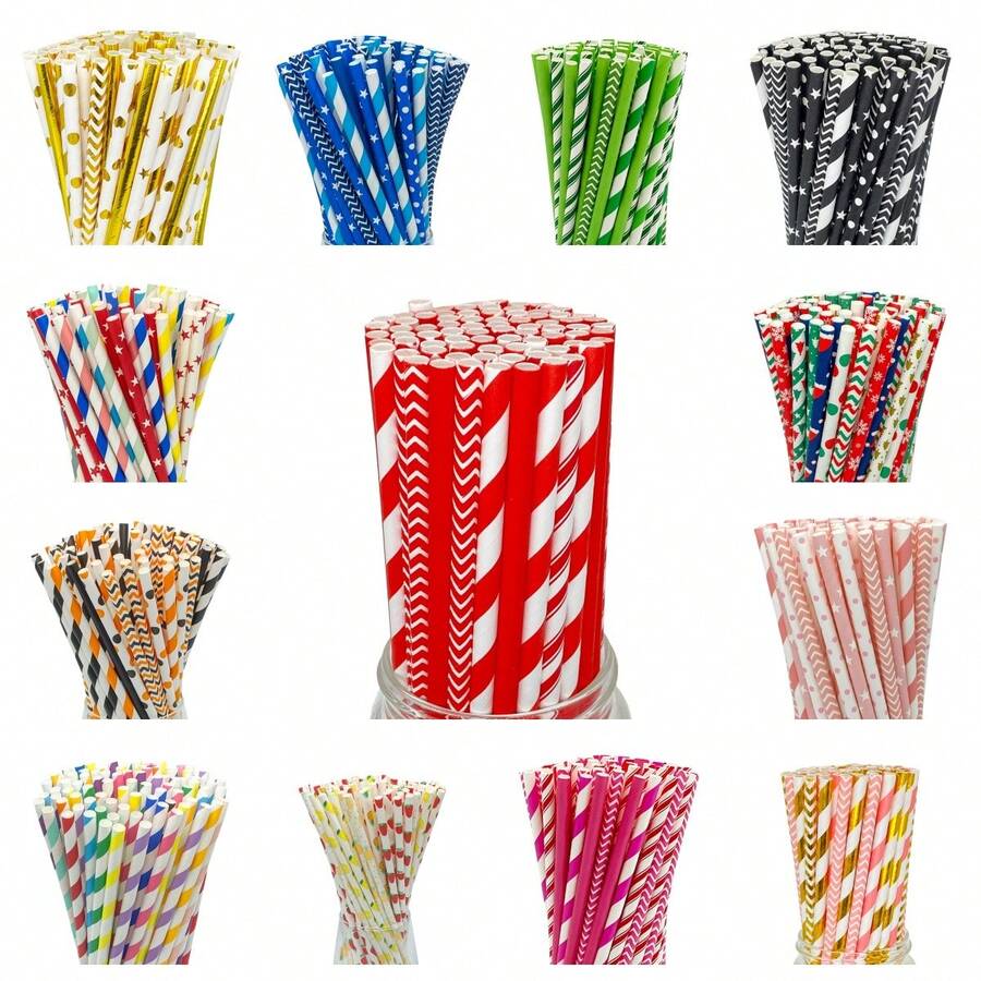 25pcs/100pcs Multicolor Mixed Red Color Paper Straws, Disposable Paper Straws With Various Patterns, 100pcs Set, Suitable For Holidays, Parties, Wedding, Anniversary, Decorative Straws For Beverages Like Milk Tea, Coffee, Juice