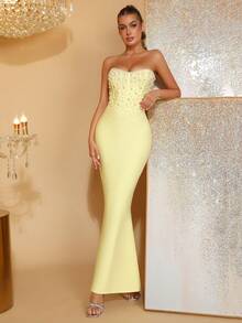 Nuevo vestido de novia con decoración de perlas sin tirantes de color rosa sexy, vestido de fiesta y noche - Amarillo - Ver 6