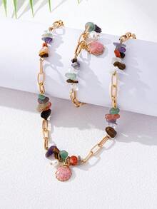 2 件/套秋冬仿珍珠手工天然石项链手链套装，具有不对称形状和碎石，配有搭扣，适合女性日常佩戴