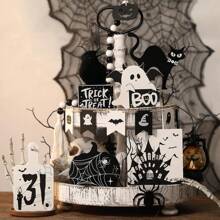 12 件套木制万圣节分层托盘装饰套装、幽灵城堡木制标牌、布布黑猫讨糖托盘装饰、桌面标牌、室内家居桌面装饰