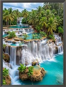 1 Set 30x40cm DIY Full Round Diamond Painting, Realistic Fresh Style, Multi-Layer Blue-Green Waterfall + Tropical Palm Tree Pattern, Water Flow Texture, Layered Vegetation, Tropical Multi-Layer Waterfall Landscape, Suitable For All Seasons, Tropical Scenery Full Diamond Painting, Frameless - Multicolor - View 2