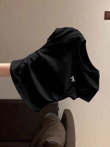 女童蝴蝶结刺绣褶皱修身圆领T恤，休闲百搭中大码儿童衬衫 - 黑色 - 查看 5