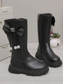 1 Paar Mädchen Schwarze Hohe Prinzessin Stiefel, einfarbiges weiches PU-Material, Seitlicher Quasten-Schleifen-Entwurf, Runde Zehenkappe Dicke Sohle, Thermofutter, Warm & Modisch Hohe Stiefel, Geeignet für Lässig, Feiertage, Party, Herbst/Winter