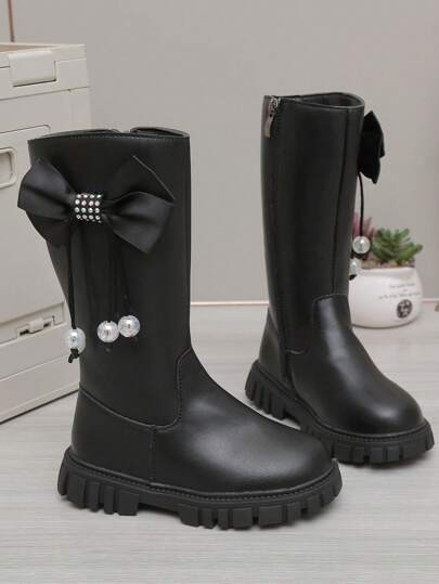 1 Paar Mädchen Schwarze Hohe Prinzessin Stiefel, einfarbiges weiches PU-Material, Seitlicher Quasten-Schleifen-Entwurf, Runde Zehenkappe Dicke Sohle, Thermofutter, Warm & Modisch Hohe Stiefel, Geeignet für Lässig, Feiertage, Party, Herbst/Winter