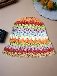 Women's 1pc Colorful Crochet Knit Bucket Hat, Bohemian & Casual Style, Straw Material, Foldable Sun Hat For Summer Beach & Easter, Retro Elegant Beach Hat For Women With High UV Protection, Multiple Colors Available,Vacation - Rainbow Multicolor - View 15