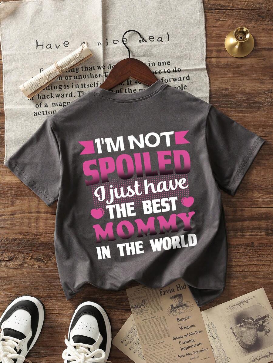 Girls And Teenage Students Casual Print Dark Grey Crew Neck Short Sleeve T-Shirt, Summer Top - Dark Grey - View 1