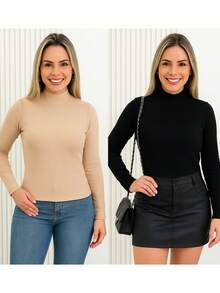 Kit 2 Cacharrel Women's Plush Flannel Blouse High Neck Long Sleeve Thermal Winter None - 裸色和黑色 - 查看 2