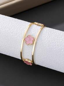 1pc Elegant Pink Lucky Clover Double Line Women's Open Bangle (Excluding Gift Box) - Pink - View 3
